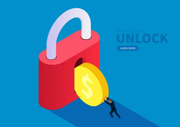 Vector illustration of Financial security, the merchant pushes the gold coin into the lock