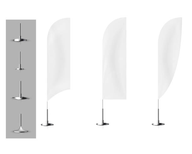 Realistic white banner flags 3d mockup. Realistic white banner flags 3d mockup. Textile waving advertisement banner flags. feather flag stock illustrations