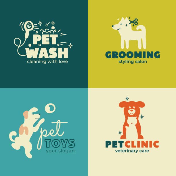 Pet care icons Set of icons for Pet Clinic, Toys, Styling, Wash, Care and Grooming salon. Sign for veterinary service. Symbol with dog and cat. Vector illustration of home animals. Business card or banner design. pet toy stock illustrations