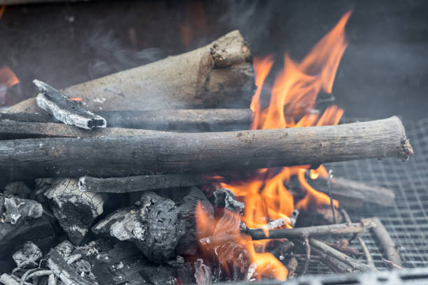 Firewood burning to prepare a barbecue