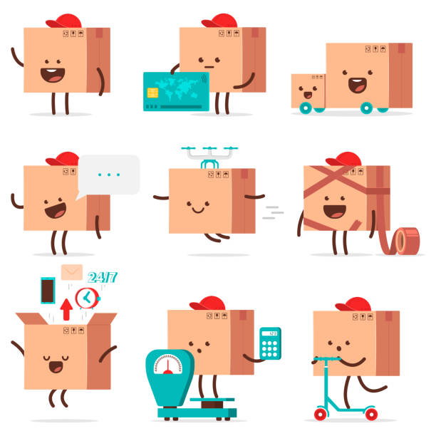 Cute delivery box characters vector cartoon set isolated on a white background. Cute delivery box characters vector cartoon set. cardboard illustrations stock illustrations