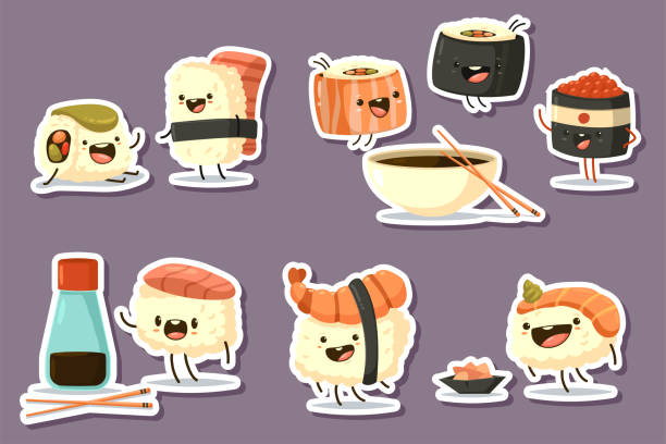 ilustraciones, imágenes clip art, dibujos animados e iconos de stock de lindo juego de caracteres de sushi. ilustración vectorial de comida japonesa de dibujos animados con diferentes emociones aisladas en el fondo. - sashimi