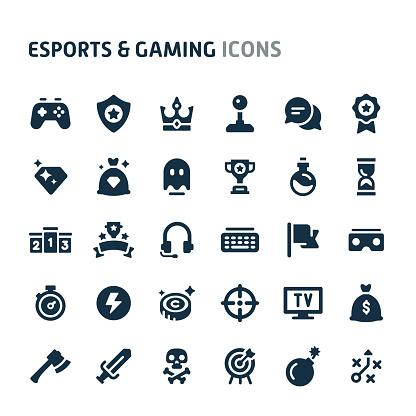 Simple bold vector icons related to eSports and gaming. Symbols such as game equipment and competition are included in this set. Editable vector, still looks perfect in small size.