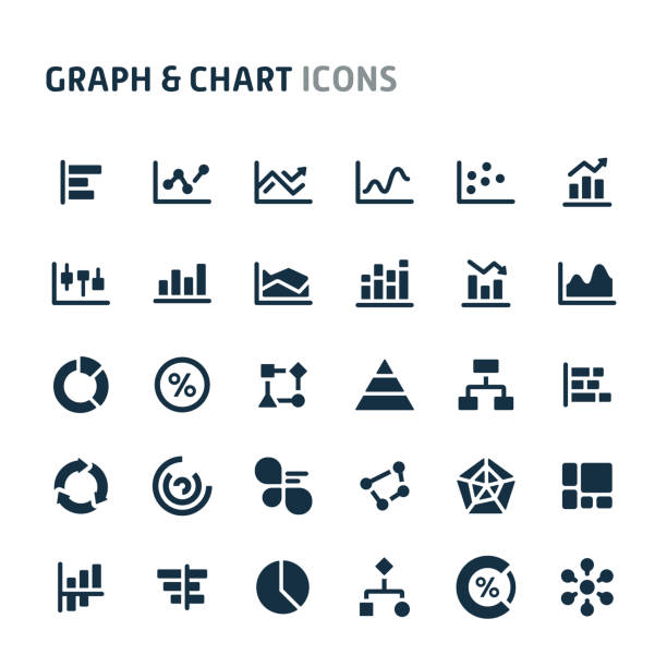 Graph & Chart Vector Icon Set. Fillio Black Icon Series. Simple bold vector icons related to graph and chart used in statistic and infographic. Symbols such as teamwork, morality, proficiency, leadership and empathy are included in this set. Editable vector, still looks perfect in small size. waterfall infographic stock illustrations