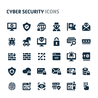 Simple bold vector icons related to cyber and internet security. Symbols such as fingerprint recognition, eyes ID, mobile, cloud & computer security are included in this set. Editable vector, still looks perfect in small size.