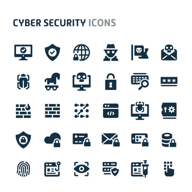 Cyber Security Vector Icon Set. Fillio Black Icon Series. Simple bold vector icons related to cyber and internet security. Symbols such as fingerprint recognition, eyes ID, mobile, cloud & computer security are included in this set. Editable vector, still looks perfect in small size. computer virus stock illustrations