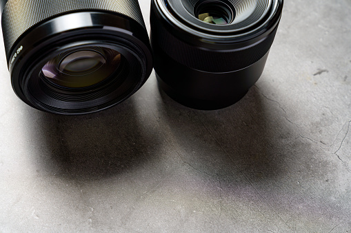 Close up of camera lens on a dark background