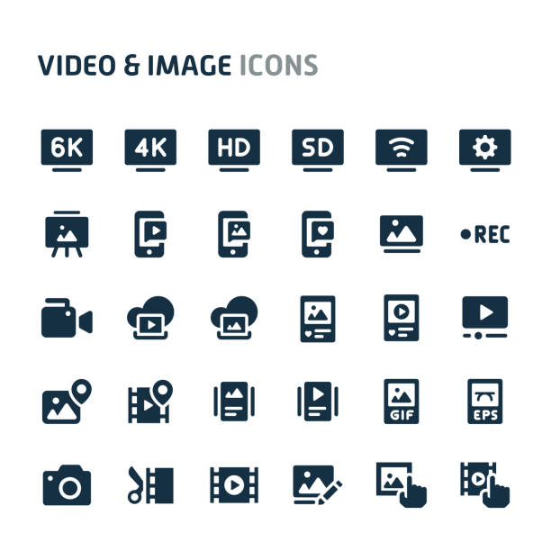 Video & Images Vector Icon Set. Fillio Black Icon Series. Simple bold vector icons related to audio-video device and pictures. Symbols such as audio-video and image hardware and software are included in this set. Editable vector, still looks perfect in small size. feeding photos stock illustrations