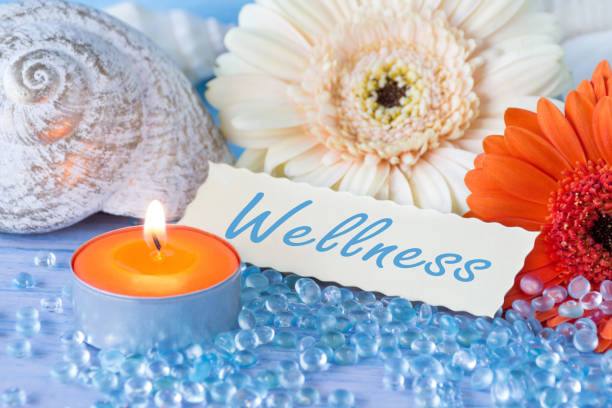 Wellness label and decoration with flowers with copy space