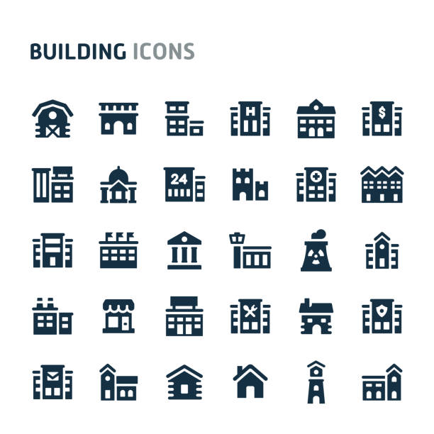 Building Vector Icon Set. Fillio Black Icon Series. Simple bold vector icons related to buildings (structures) and architecture. Symbols such as residential, commercial, public and private buildings are included in this set. Editable vector, still looks perfect in small size. mansion stock illustrations