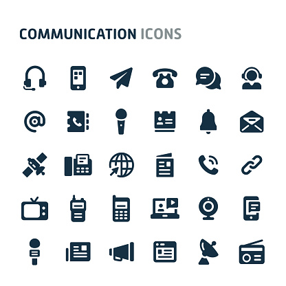 Simple bold vector icons related to communication equipment technology. Symbols such as telephones, radio  telecommunication equipment, satellites and the Internet are included in this set. Editable vector, still looks perfect in small size.