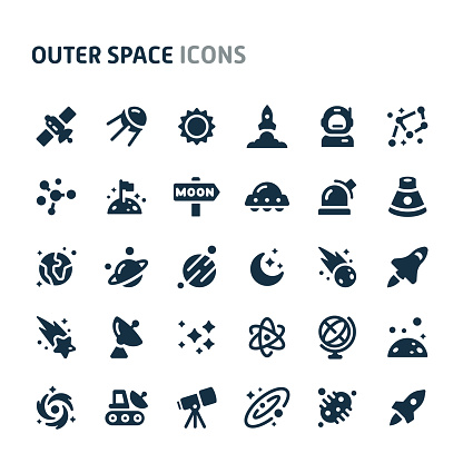 Simple bold vector icons related to galaxy and outer space. Symbols such as planets, stars and solar system are included in this set. Editable vector, still looks perfect in small size.