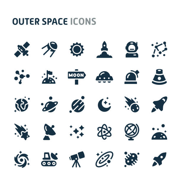 Outer Space Vector Icon Set. Fillio Black Icon Series. Simple bold vector icons related to galaxy and outer space. Symbols such as planets, stars and solar system are included in this set. Editable vector, still looks perfect in small size. astronomy stock illustrations