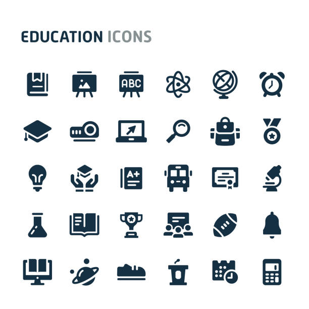 Education Vector Icon Set. Fillio Black Icon Series. Simple bold vector icons related to school and education. Symbols such as stationery, school activities and equipment are included in this set. Editable vector, still looks perfect in small size. educational subject stock illustrations
