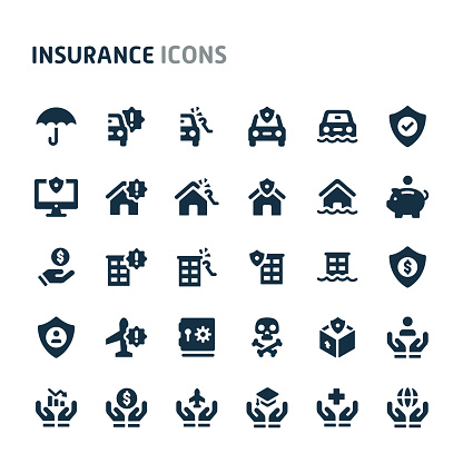 Simple bold vector icons related to insurance. Symbols such as car, house, business and personal life insurance are included in this set. Editable vector, still looks perfect in small size.