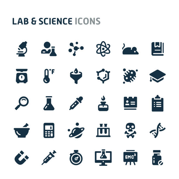 Lab & Science Vector Icon Set. Fillio Black Icon Series. Simple bold vector icons related to science and laboratory. Symbols such as laboratory equipment, research and experiment are included in this set. Editable vector, still looks perfect in small size. flask funnel stock illustrations