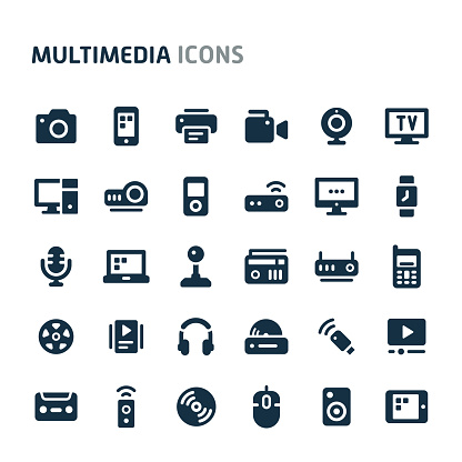 Simple bold vector icons related to multimedia. Symbols such as audio-video, telecommunication and entertainment device are included in this set. Editable vector, still looks perfect in small size.