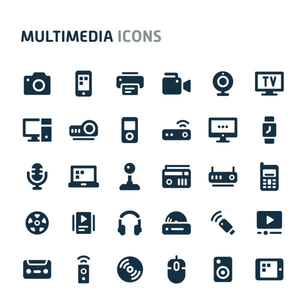 Multimedia Vector Icon Set. Fillio Black Icon Series. Simple bold vector icons related to multimedia. Symbols such as audio-video, telecommunication and entertainment device are included in this set. Editable vector, still looks perfect in small size. radio stock illustrations