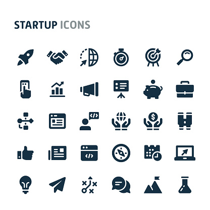 Simple bold vector icons related to start-up company. Symbols such as rocket, binocular and other start-up related items are included in this set. Editable vector, still looks perfect in small size.