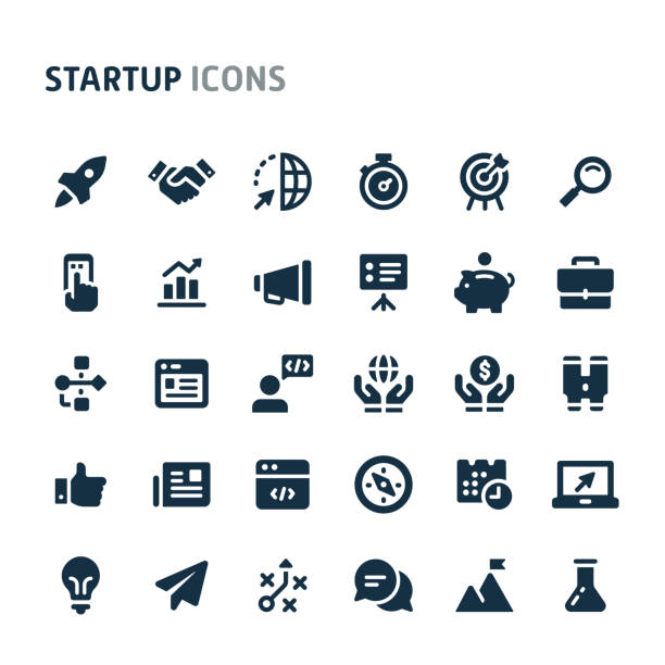 Startup Vector Icon Set. Fillio Black Icon Series. Simple bold vector icons related to start-up company. Symbols such as rocket, binocular and other start-up related items are included in this set. Editable vector, still looks perfect in small size. marketing icons stock illustrations