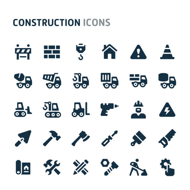 zestaw ikon wektorowych konstrukcji. fillio black icon series. - nut blueprint work tool construction stock illustrations