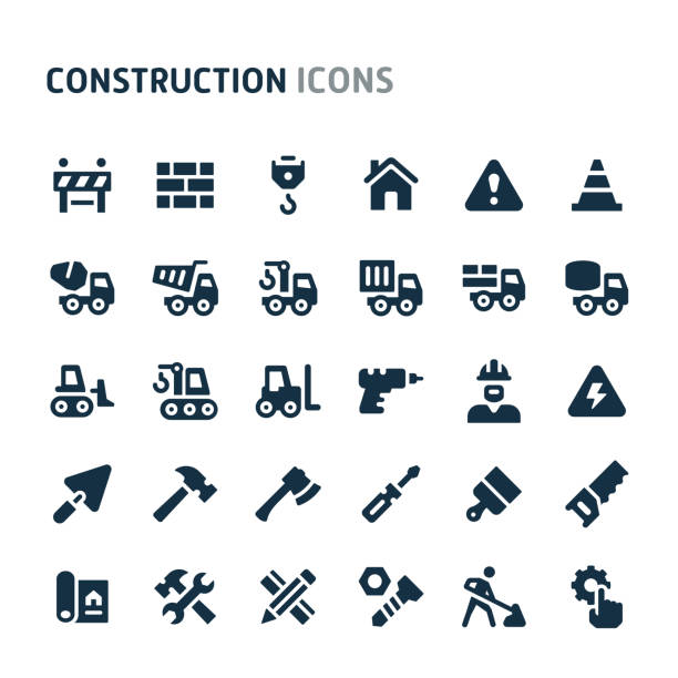 Construction Vector Icon Set. Fillio Black Icon Series. Simple bold vector icons related to construction. Symbols such as crane, working tools, transportation and construction equipments are included in this set. Editable vector, still looks perfect in small size. concrete illustrations stock illustrations