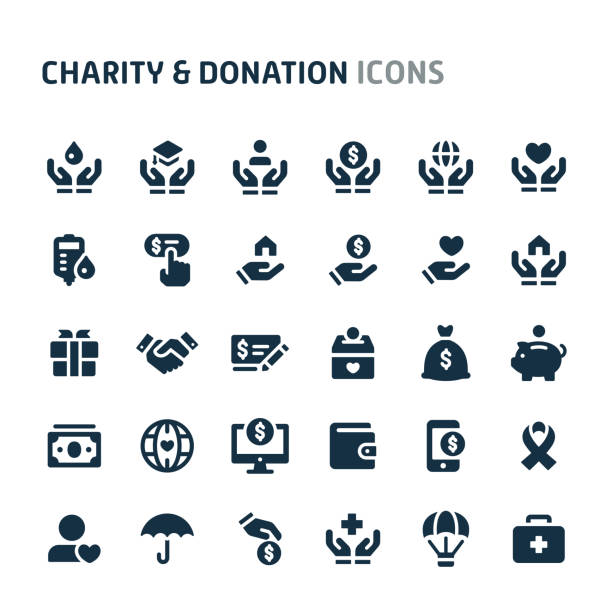 Charity & Donation Vector Icon Set. Fillio Black Icon Series. Simple bold vector icons related to charity and donation. Symbols such as giving money, donating blood and other aid or relief related objects are included in this set. Editable vector, still looks perfect in small size. bloody money stock illustrations