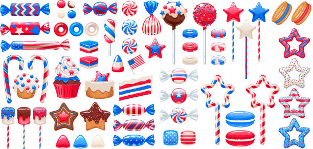 zestaw słodyczy z wakacji narodowych w usa. różne cukierki. - fourth of july backgrounds cheerful happiness stock illustrations