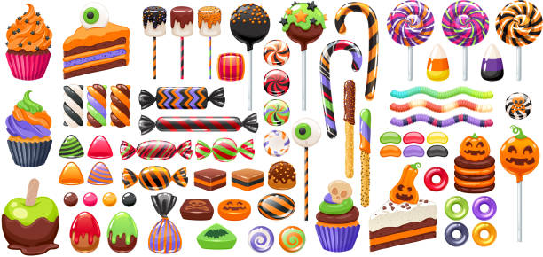 хэллоуин сладкие угощения набор. кись и з�акуски. - stick of hard candy candy striped toughness stock illustrations