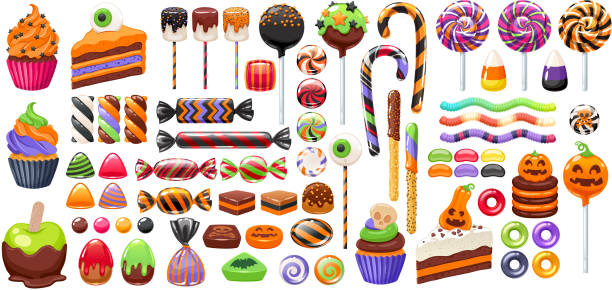 Halloween sweet treats set. Candies and snacks. Halloween sweet treats set. Candies and snacks. - hard candy, chocolate egg and bar, candy cane, lollipop, peppermint. Vector illustration. Good for holiday designs. easter cake stock illustrations