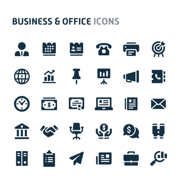 business & office vector icon set. fillio black icon series. - currency global communications technology currency symbol stock-grafiken, -clipart, -cartoons und -symbole