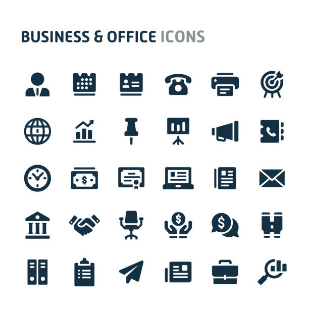 Business & Office Vector Icon Set. Fillio Black Icon Series. Simple bold vector icons related to business, professional and office. Symbols such as office equipment and business related are included in this set. Editable vector, still looks perfect in small size. laptop target stock illustrations