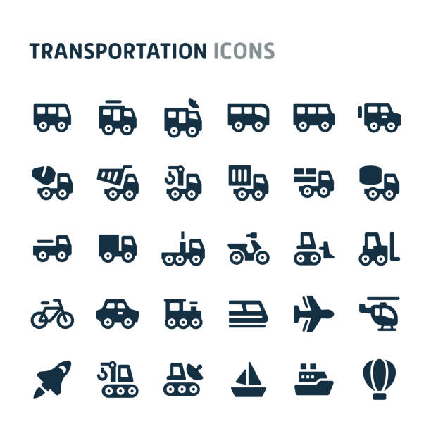 Transportation Vector Icon Set. Fillio Black Icon Series. Simple bold vector icons related to vehicle & transportation. Symbols such as bus, truck, car and other light and heavy vehicle are included in this set. Editable vector, still looks perfect in small size. ford truck black stock illustrations