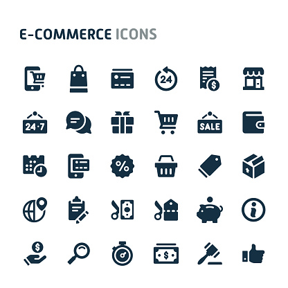 Simple bold vector icons related to website store and e-commerce. Symbols such as store object, payment method and shipping are included in this set. Editable vector, still looks perfect in small size.