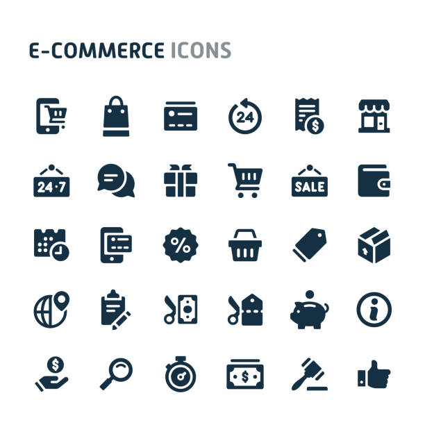 Ecommerce Vector Icon Set. Fillio Black Icon Series. Simple bold vector icons related to website store and e-commerce. Symbols such as store object, payment method and shipping are included in this set. Editable vector, still looks perfect in small size. e commerce stock illustrations