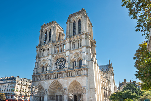 Notre Dame de Paris - people at famous cathedral with sun and blue sky