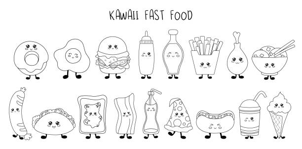 kawaii food collection - sweet sauce restaurant pasta breakfast stock-grafiken, -clipart, -cartoons und -symbole