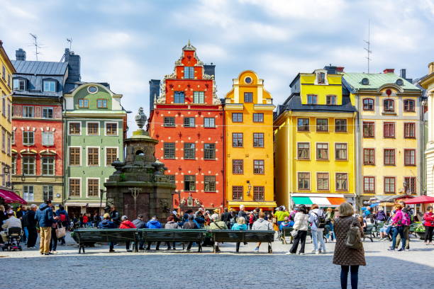 Colorful houses on Stortorget square in Old town, Stockholm, Sweden stock photo