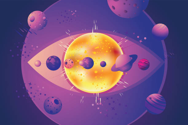 Parade of planets. Fantasy background with spacescape and human eye. Cartoon vector illustration. Esoteric image. Parade of planets. Cartoon vector illustration. esoteric image. Fantasy background with space scape and human eye. eye nebula stock illustrations