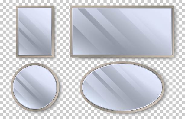 istock Set of realistic mirrors with reflection on glass. Geometrical mirror with wooden frame in different shapes - circle, rectangle, square, oval. Template design for interior. 1154992609