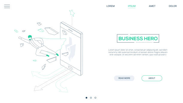 bohater biznesowy - styl projektowania linii izometryczny baner internetowy - superhero flying heroes business stock illustrations