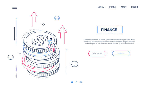 ilustrações de stock, clip art, desenhos animados e ícones de finance concept - line design style isometric web banner - bank currency stack coin