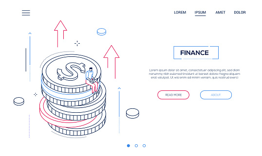 Finance concept - line design style isometric web banner on white background with copy space for text. High quality header with businessman, manager sitting on a pile of coins working at the laptop