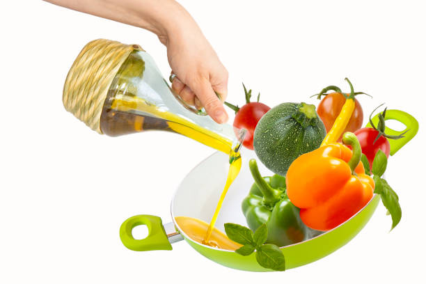 Female hand pouring vegetable oil from a bottle into a frying pan with vegetables . Isolated objects on white background