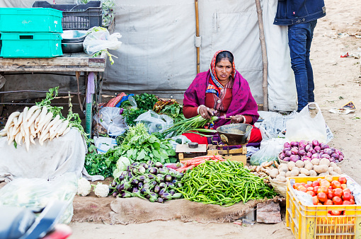 an unidentified woman selling fresh vegetable in street of Pushkar, Rajasthan, India on November 18, 2018