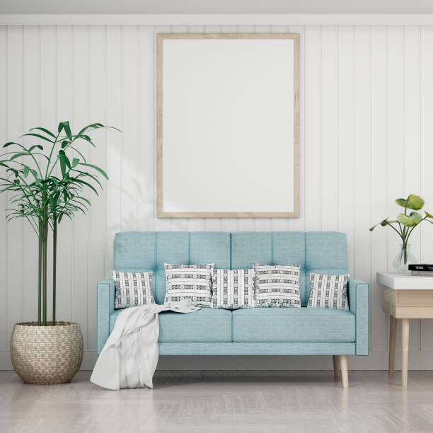 istock living room with white wall and light blue sofa, Blank poster on white wall, 3D Rendering 1155000113