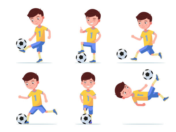 illustrazioni stock, clip art, cartoni animati e icone di tendenza di set ragazzo calciatore gioca a calcio - bambini calcio