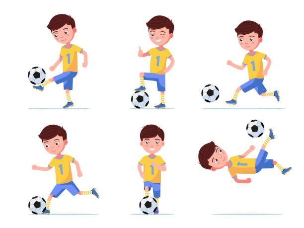 Set boy soccer player plays football Set boy soccer player plays football with the ball in various poses. Child in sports uniform plays football. Vector illustration isolated on white background, flat style. boys soccer stock illustrations