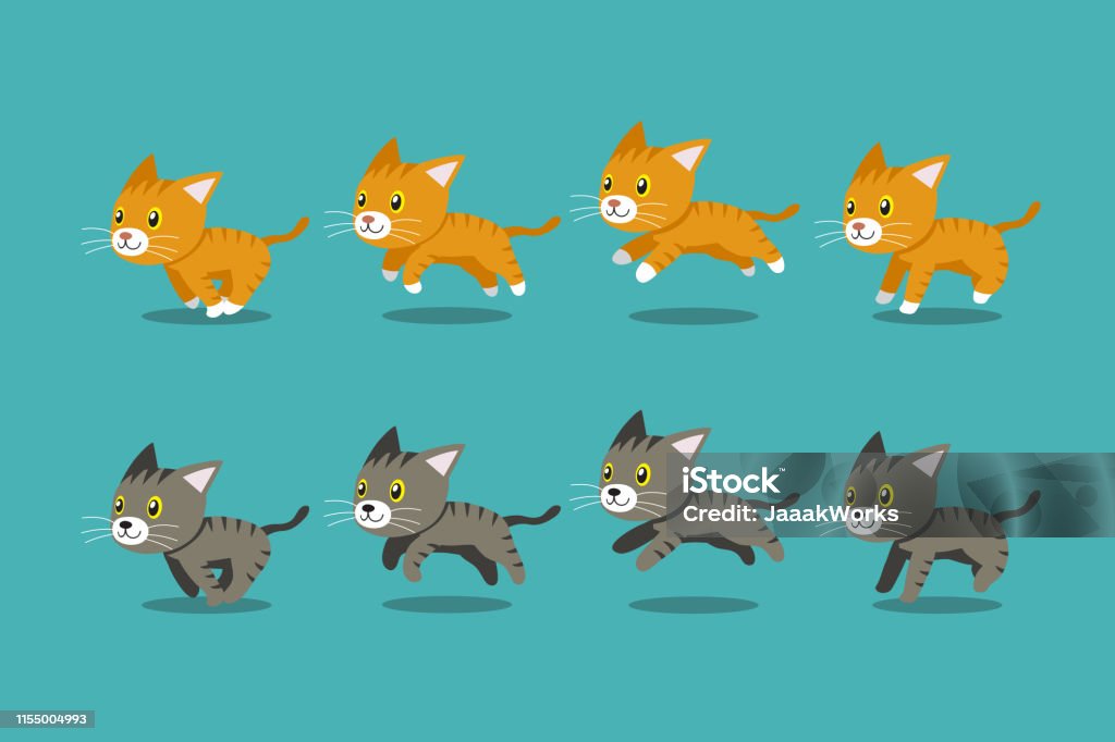 Vector Cartoon Tabby Katzen laufen Schritt - Lizenzfrei Hauskatze Vektorgrafik