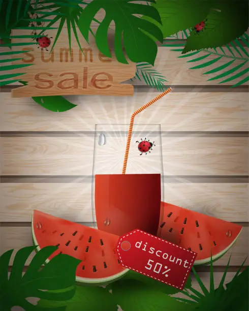 Vector illustration of background_1_illustration of wooden boards, background of leaves, concept design for decoration on the theme of summer drinks with images of fruits, leaves and glasses of juice with tags sales